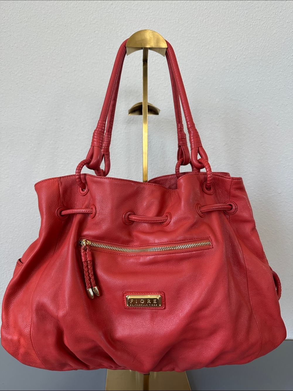 Fiore by Isabella Fiore, Deep coral/orange, 100% Leather Drawstring Tote w/ GHW
